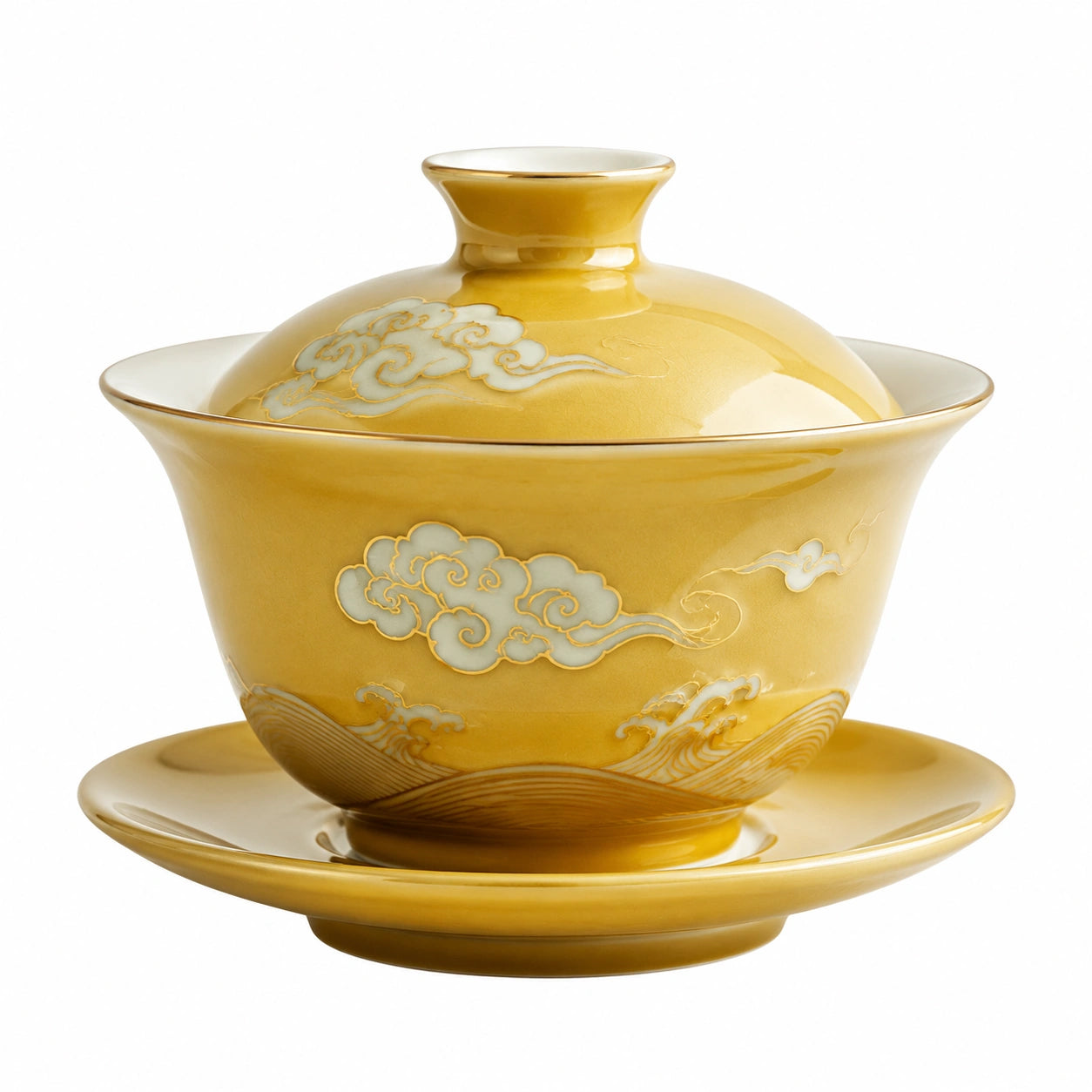 Gaiwan en porcelaine jaune avec motifs de nuages artistiques