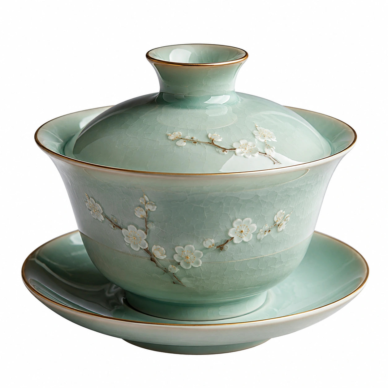 Gaiwan en porcelaine vert avec motifs de fleurs de cerisier