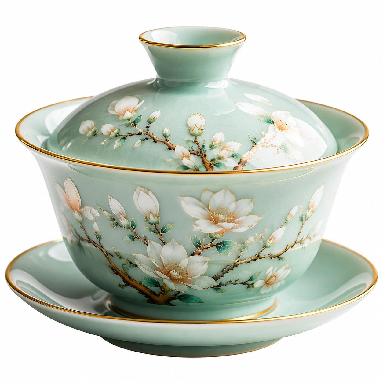Gaiwan en porcelaine vert avec motif floral de magnolia
