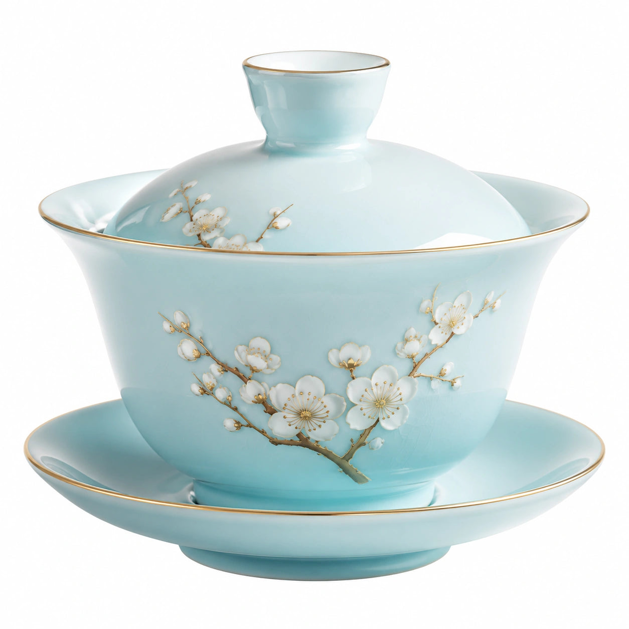 Gaiwan en Porcelaine Bleue avec Motif Fleur de Prunier