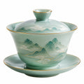 Gaiwan en Porcelaine Vert Motif Paysage Doré