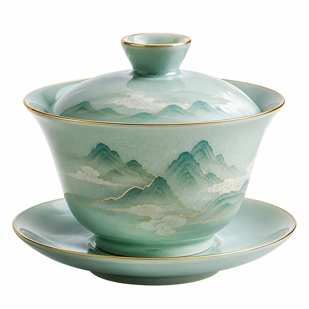 Gaiwan en Porcelaine Vert Motif Paysage Doré