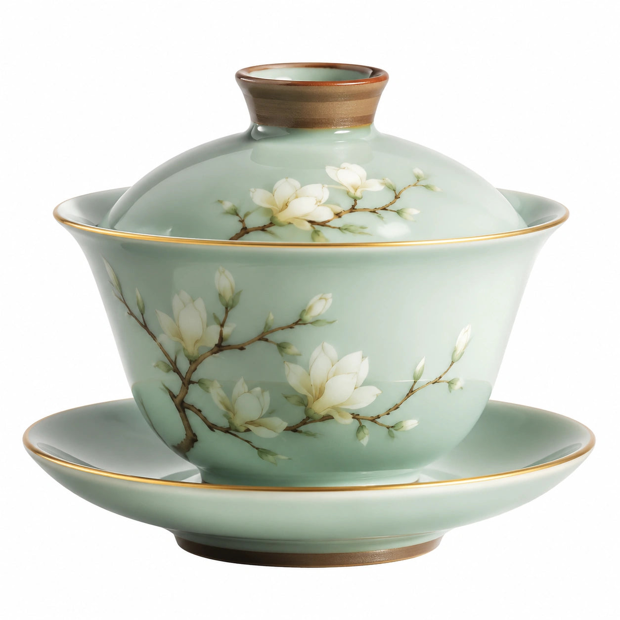 Gaiwan en porcelaine vert motif magnolia