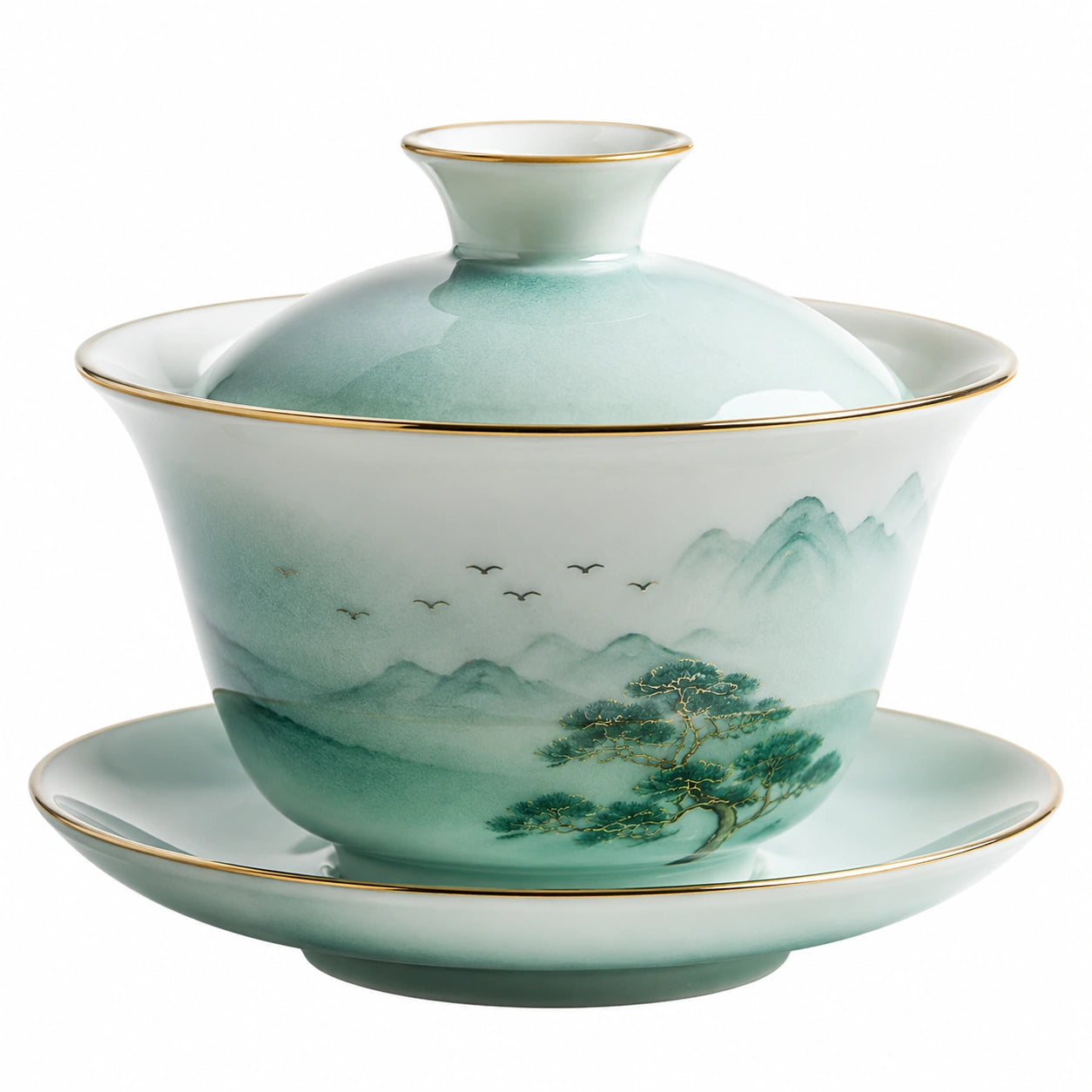 Gaiwan en porcelaine peinture de paysage vert