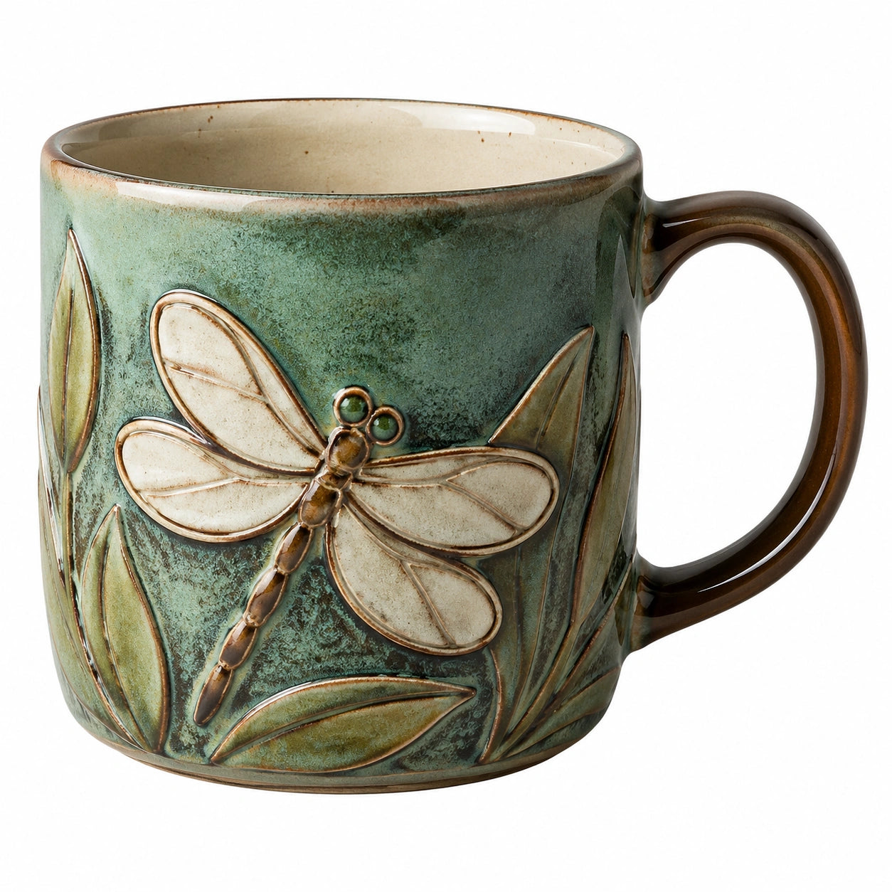 Mug en céramique vert avec libellule en relief
