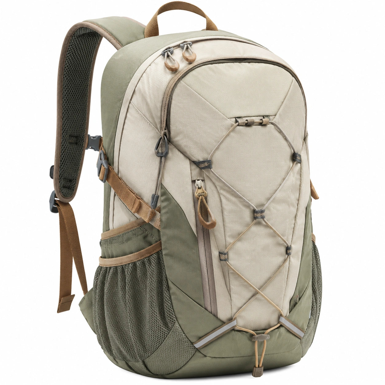 Sac à dos de randonnée 30L beige et vert avec poches latérales