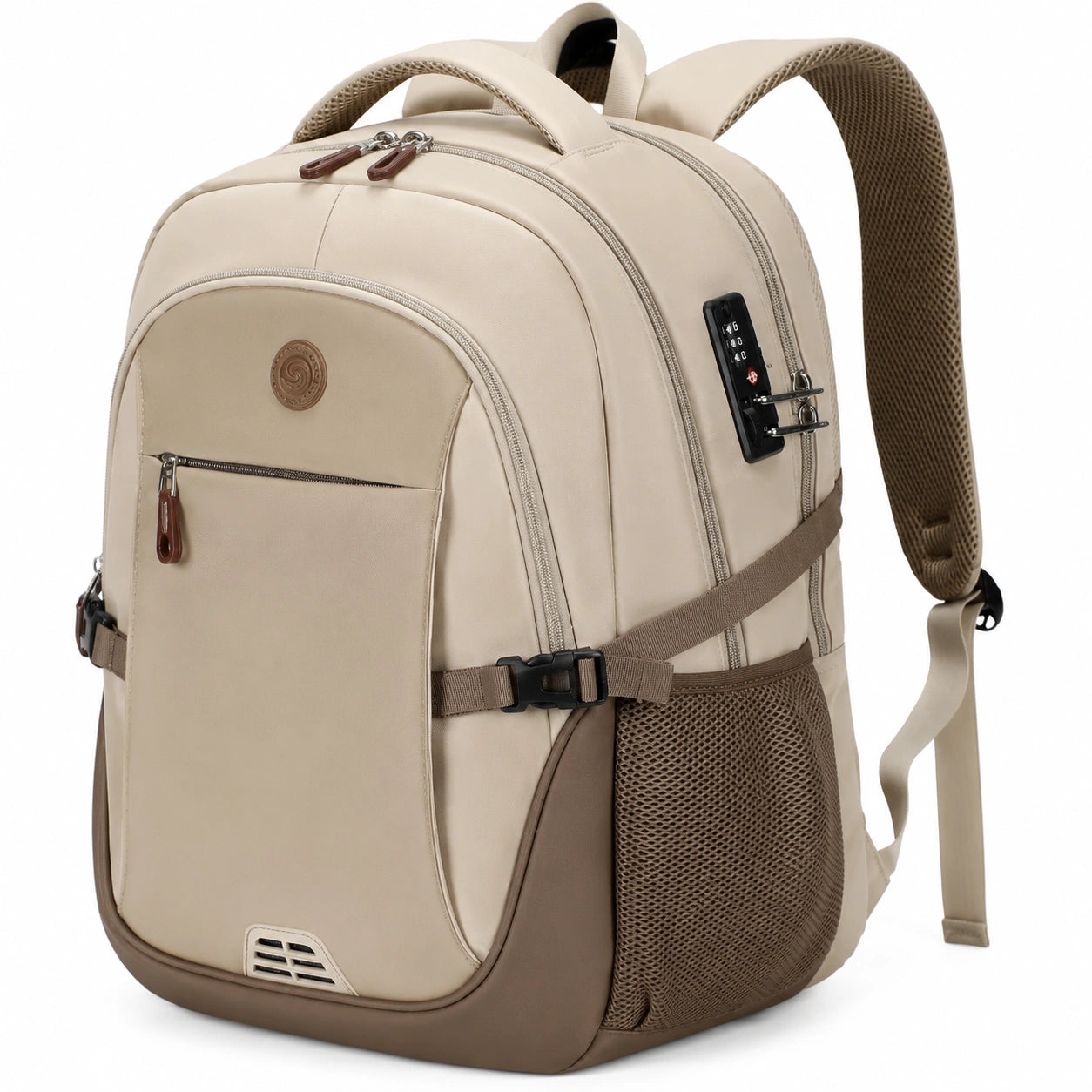 Sac à dos antivol beige et marron avec port USB