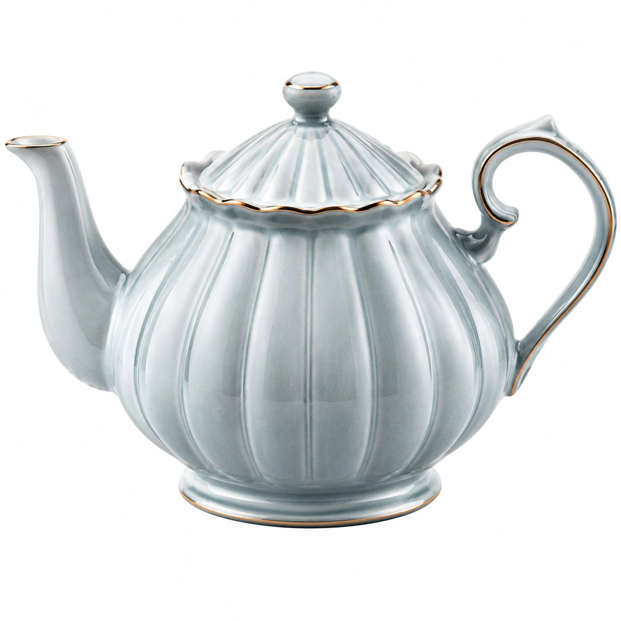 Théière en Porcelaine Bleu Clair avec Bordures Dorées 1200ml