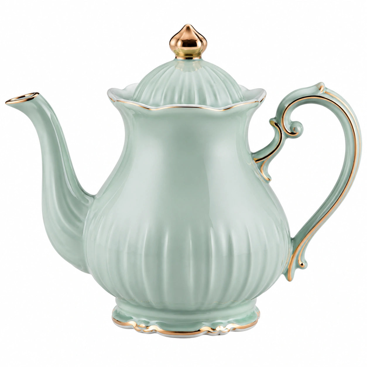 Théière en céramique verte avec détails dorés, style baroque, 1200ml