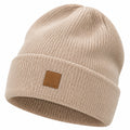 Bonnet Tricoté Chaud Beige avec Étiquette en Cuir