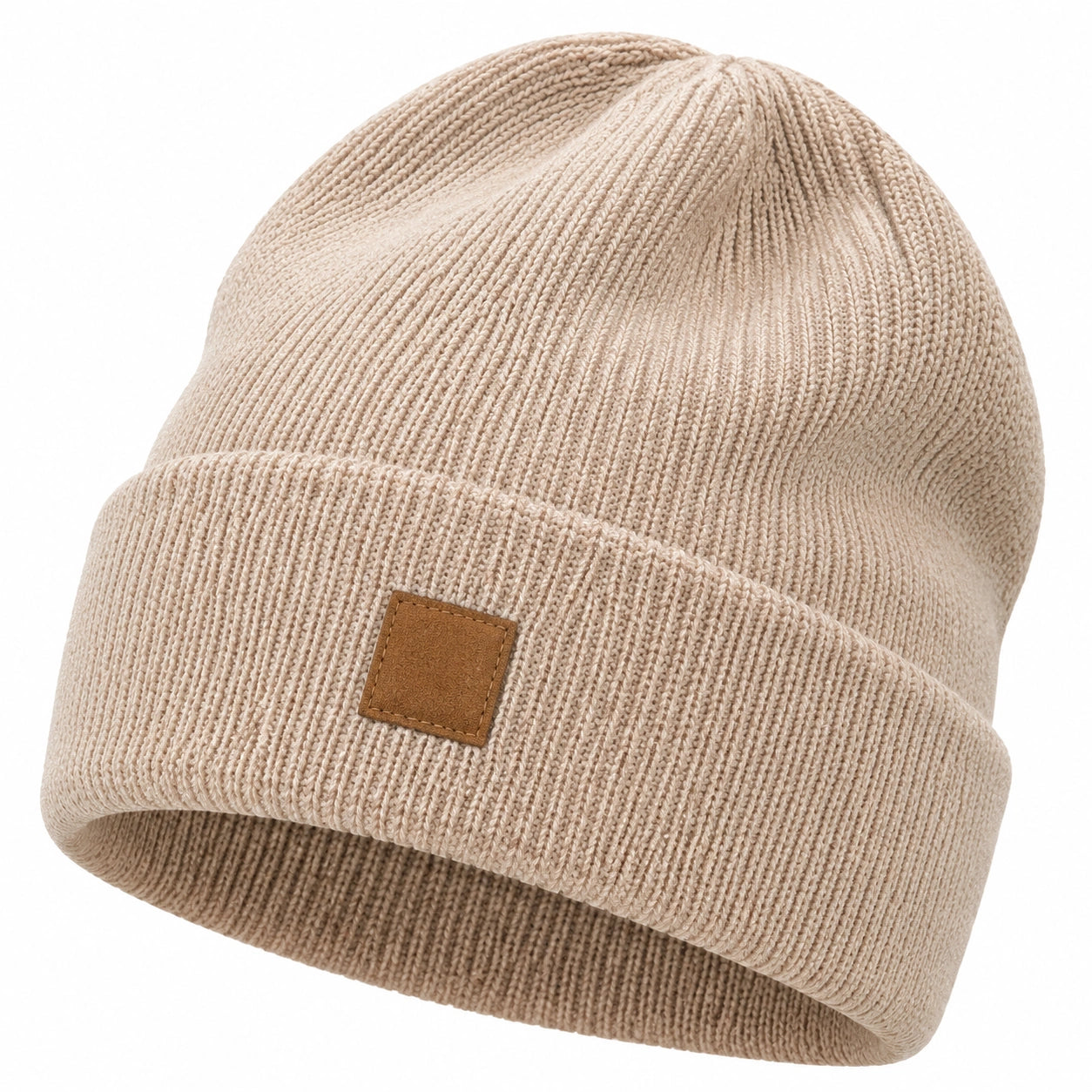 Bonnet Tricoté Chaud Beige avec Étiquette en Cuir