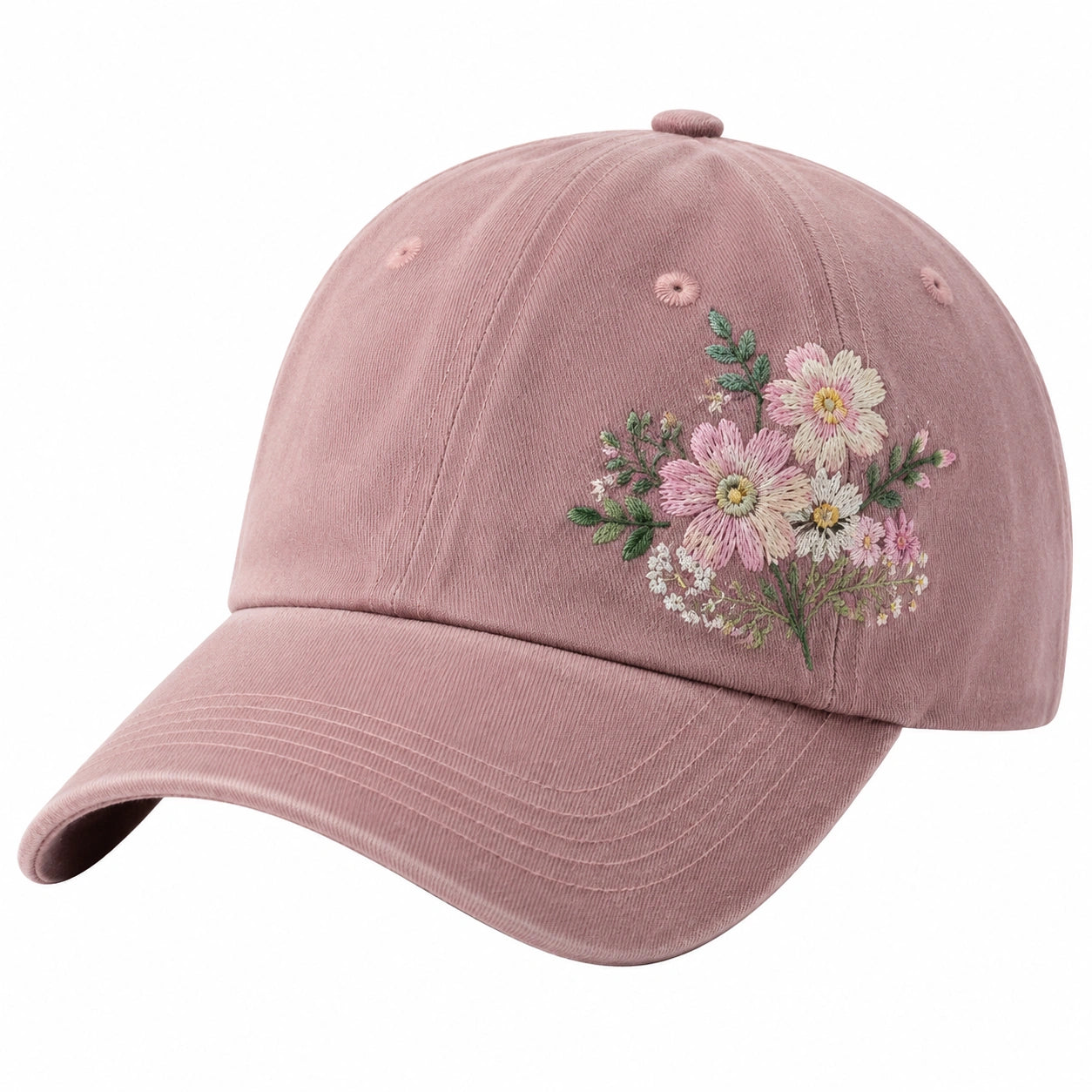 Casquette rose pâle brodée de fleurs ajustable