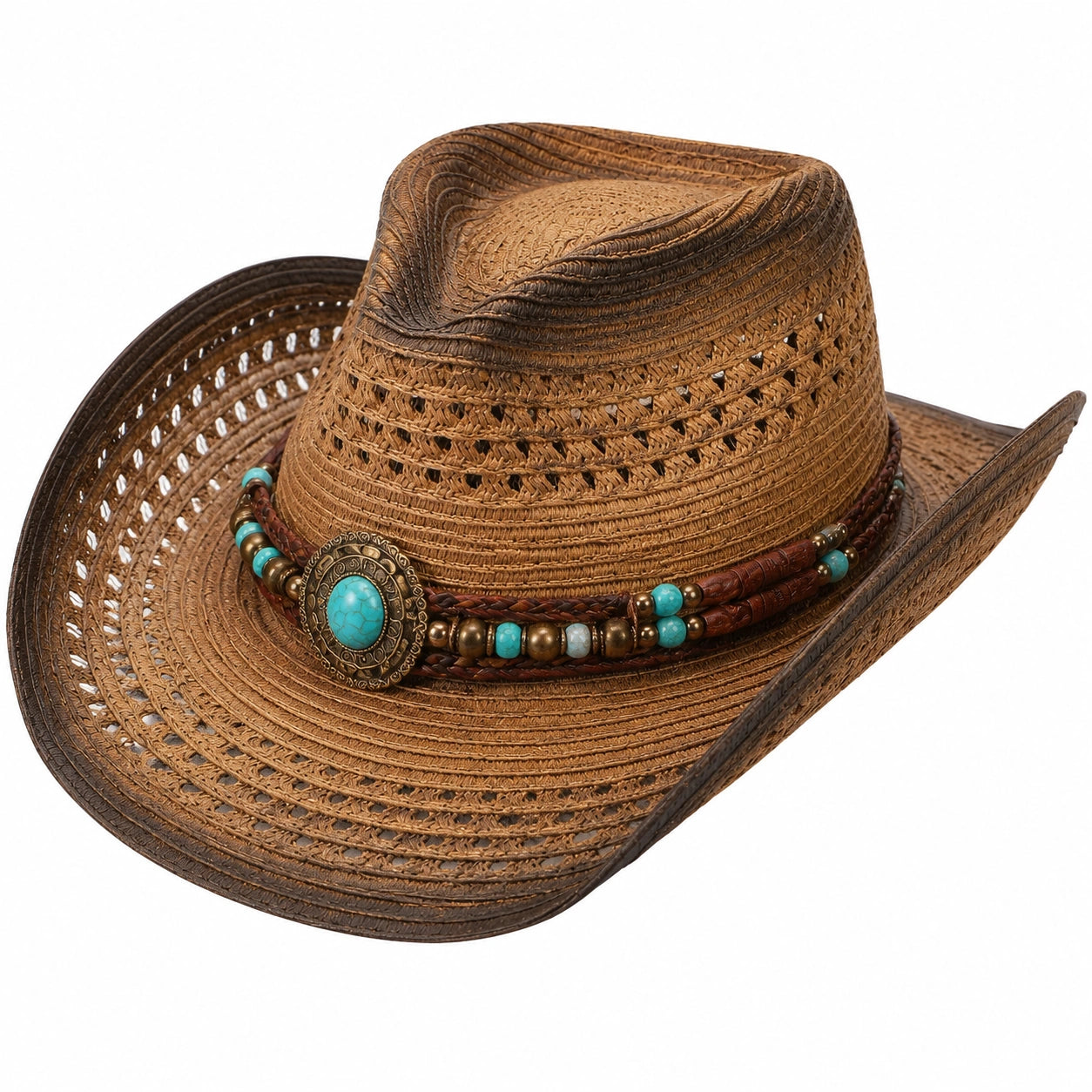 Chapeau Western en Paille avec Médaillon Turquoise