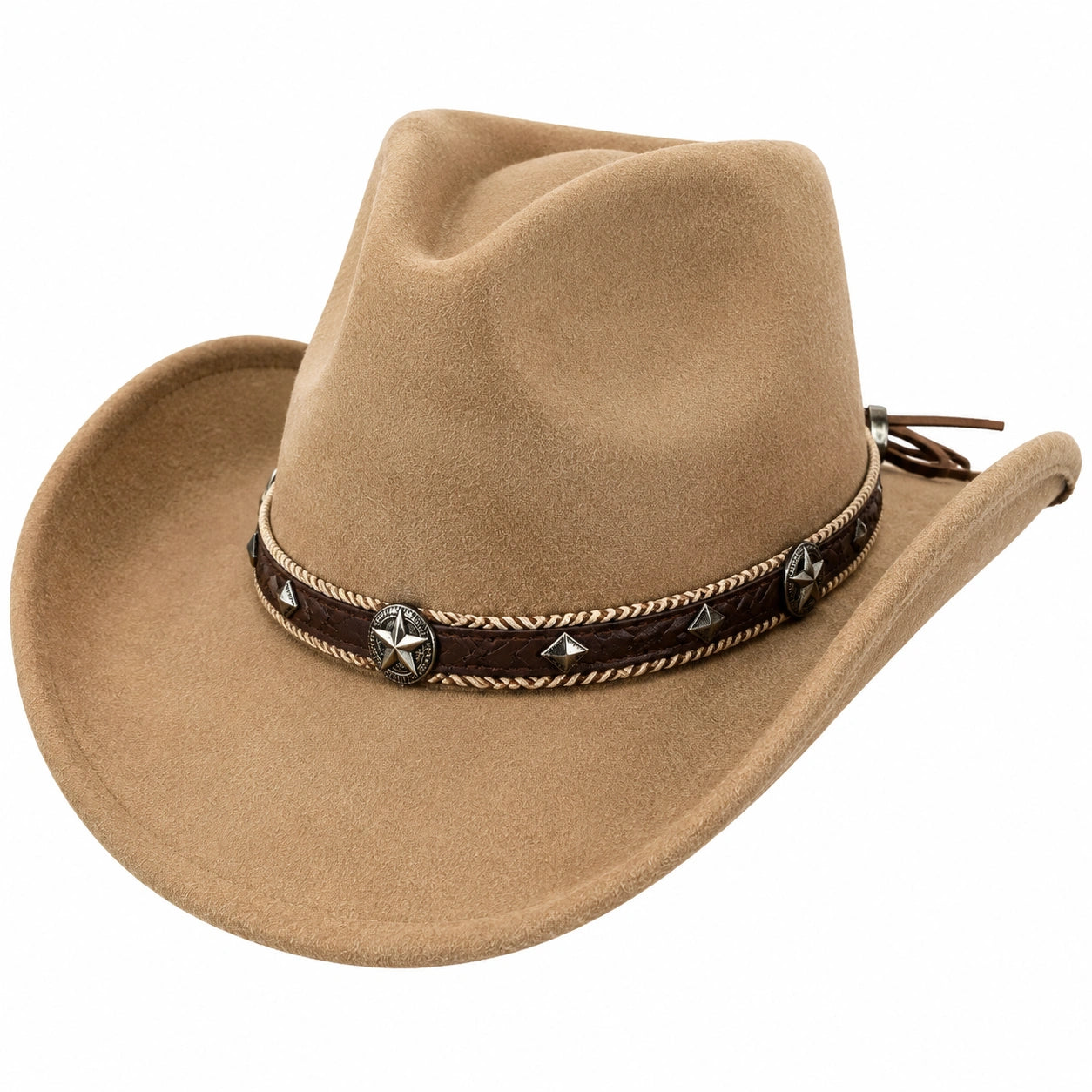 Chapeau Cowboy en Feutre Beige avec Ceinture Ornée Étoilée